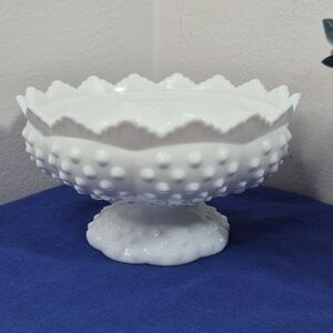 Vintage Fenton Footed White Milk Glass Hobnail 6 Candle Holder Bowl Centerpiece